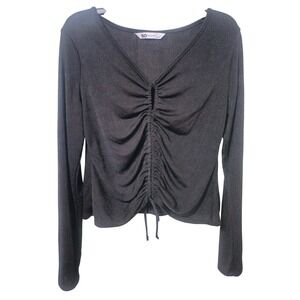 Shimmery Black Blouse Top SO Long Sleeve Shirt Cinched Front Tie L EUC